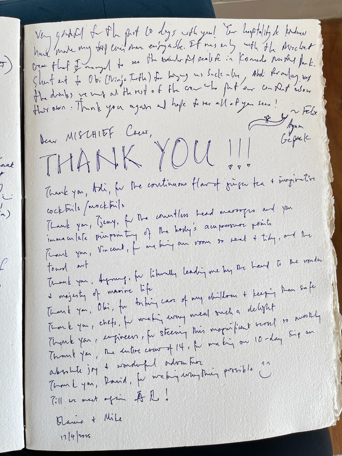 Handwritten guest review from Mischief Voyage guestbook