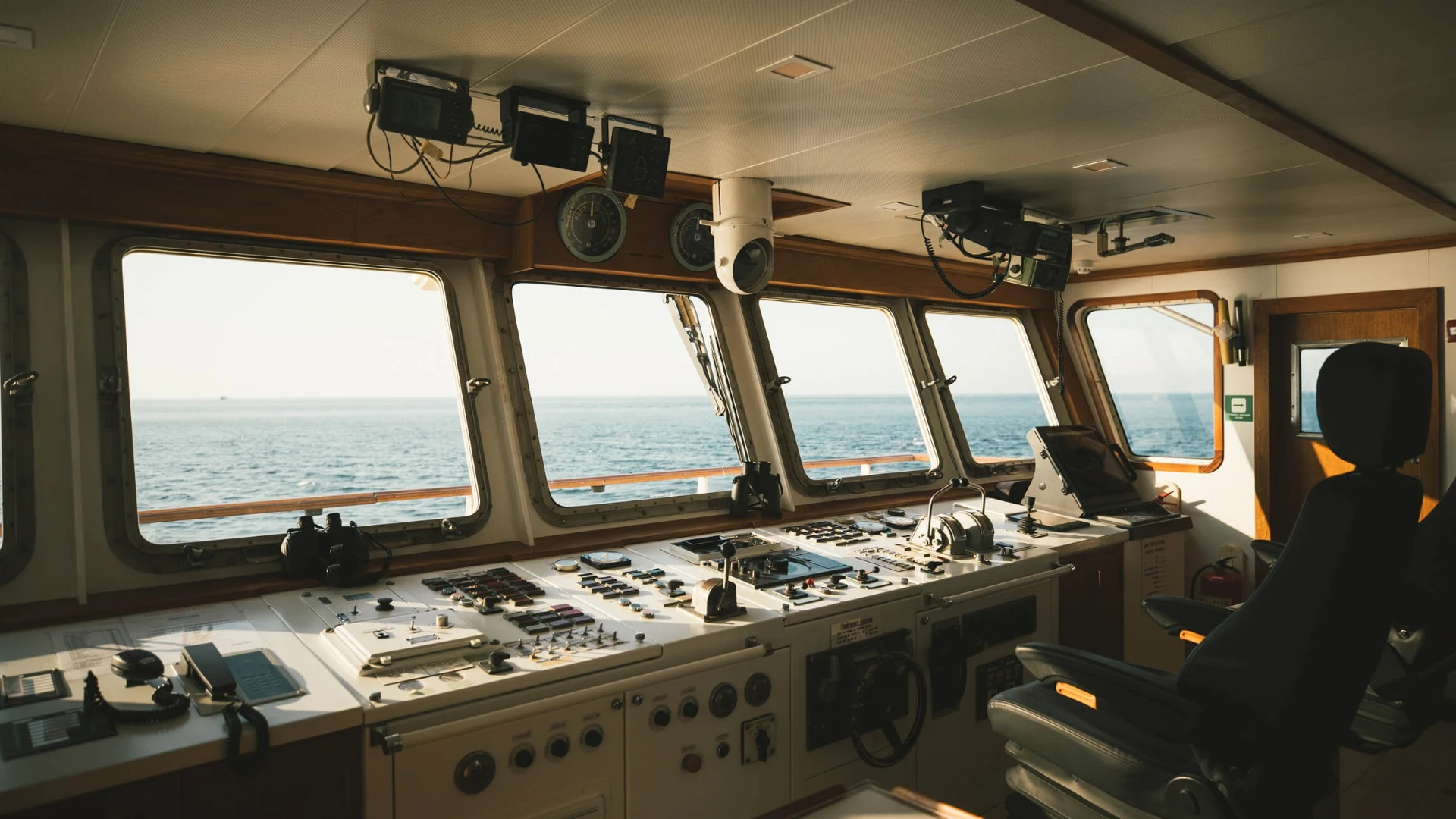 Kudanil Explorer wheelhouse with navigation instruments and ocean horizon