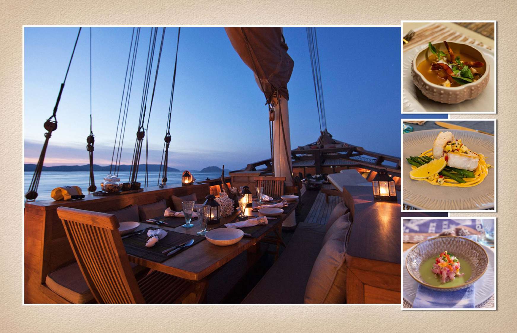 Alfresco dining table set on Si Datu Bua's deck at dusk with plated gourmet dishes