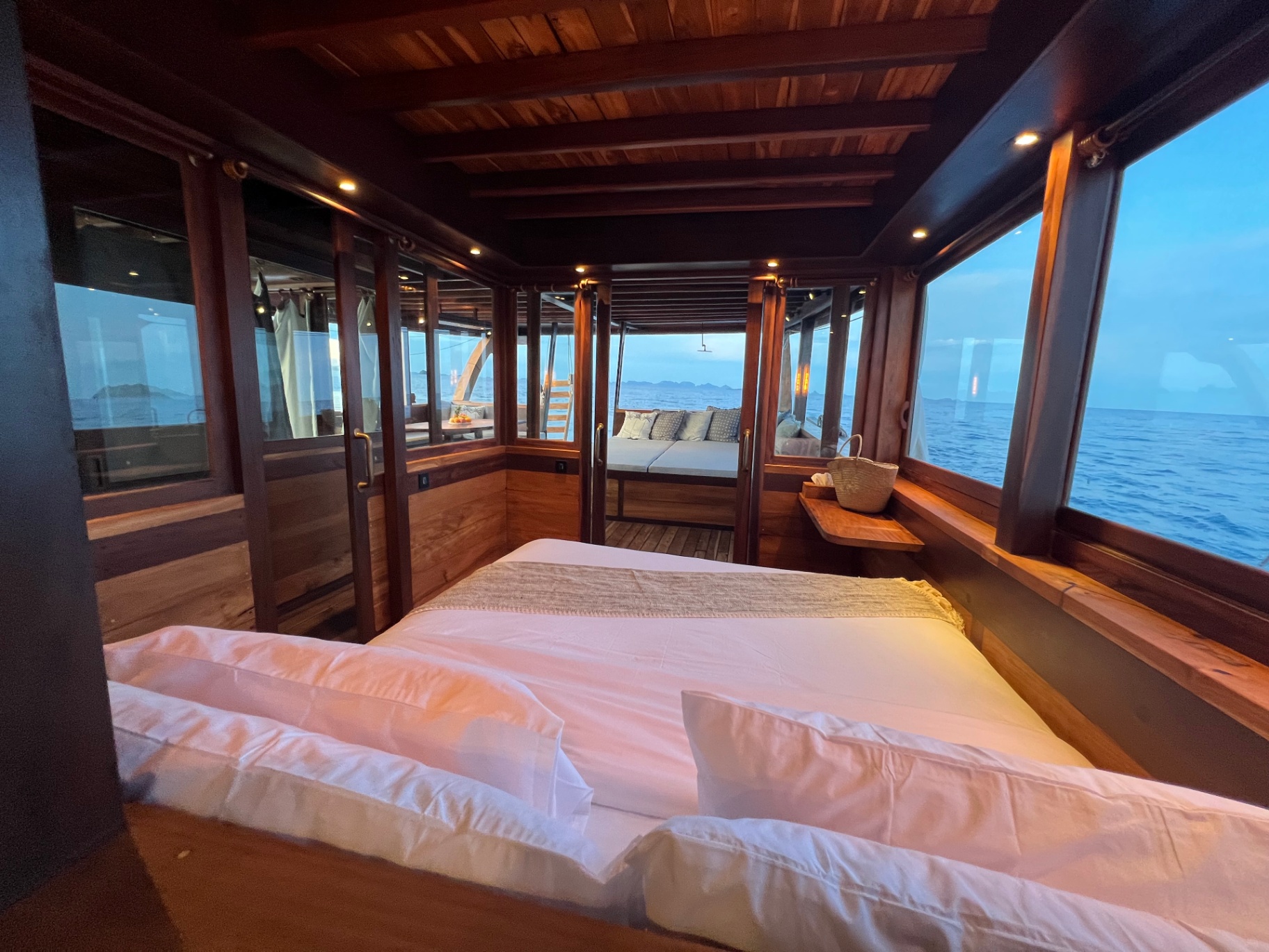View from Dewata's master bed toward the private terrace at dusk