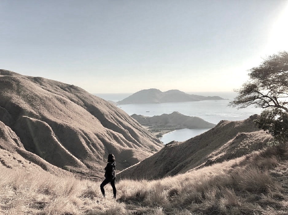 Guest at the summit of Padar Island in Komodo National Park with sweeping views over bays and islets