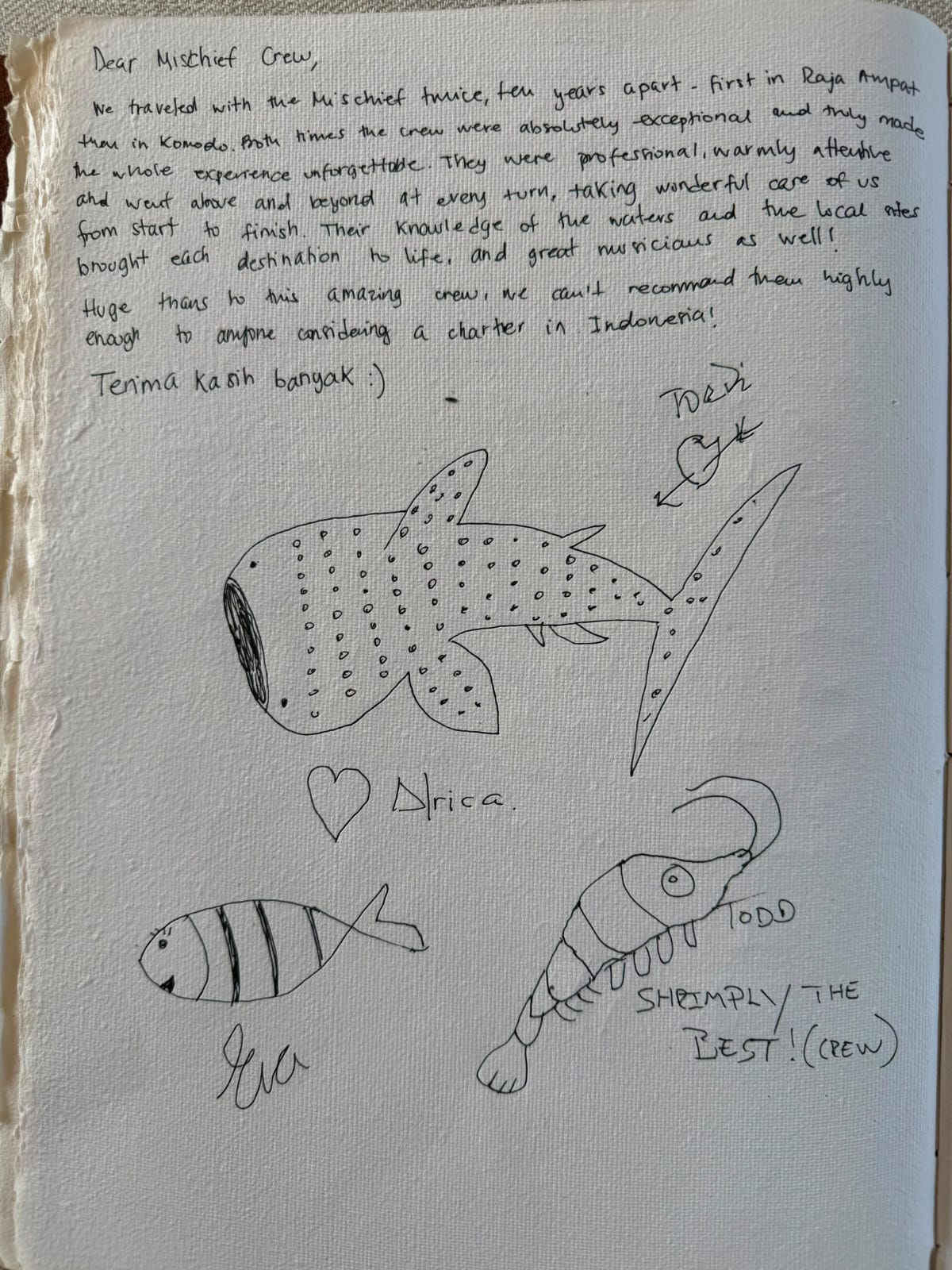 Handwritten guest review from Mischief Voyage guestbook