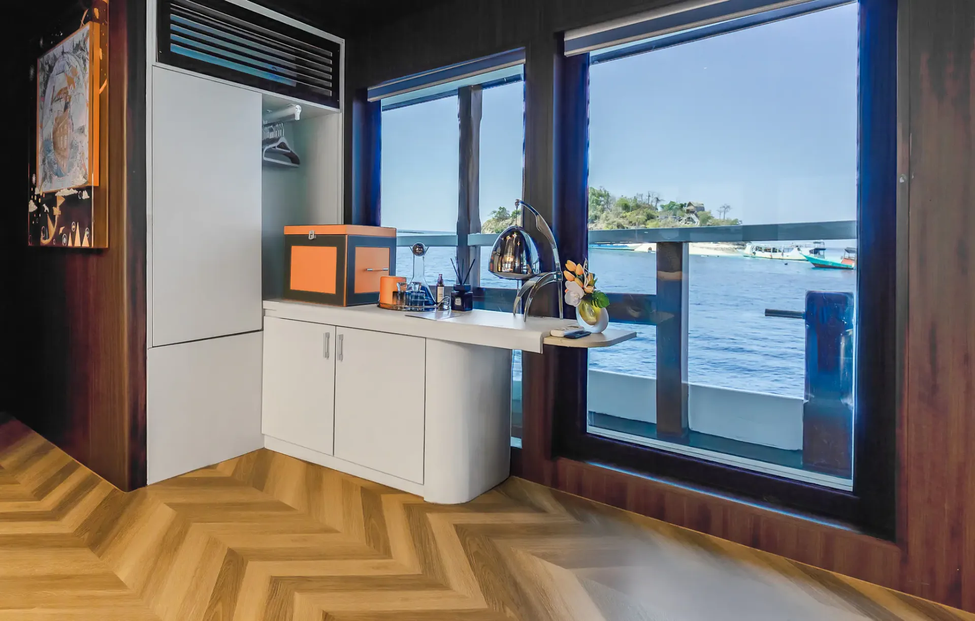 VIP cabin work nook with wardrobe and panoramic sea-view window