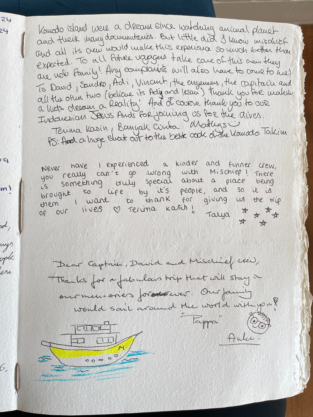 Handwritten guest review from Mischief Voyage guestbook