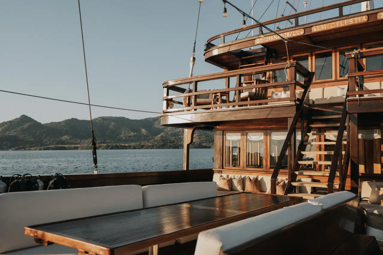 Celestia dive platform and aft deck at golden hour with tanks stowed
