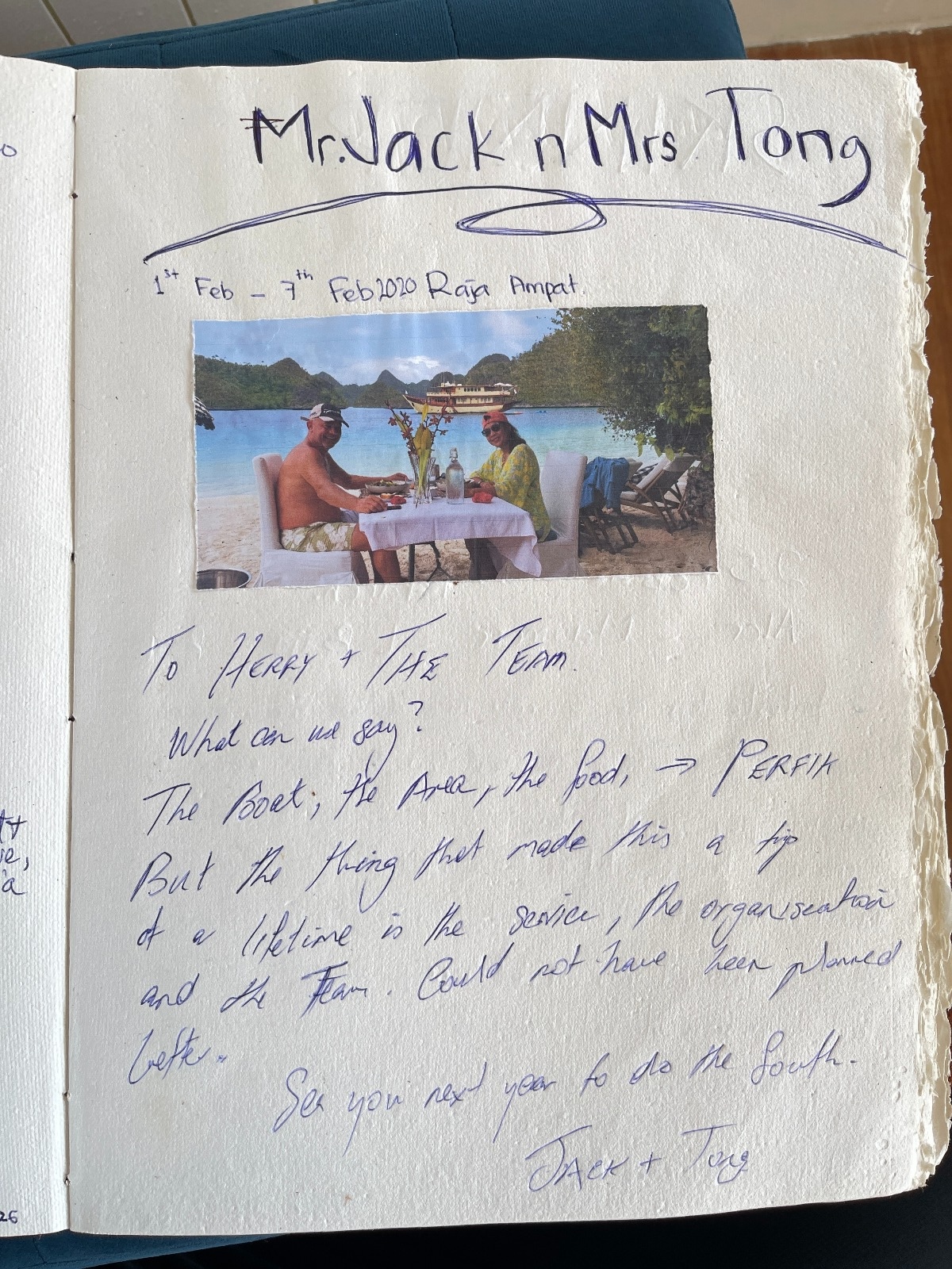 Handwritten guest review from Mischief Voyage guestbook