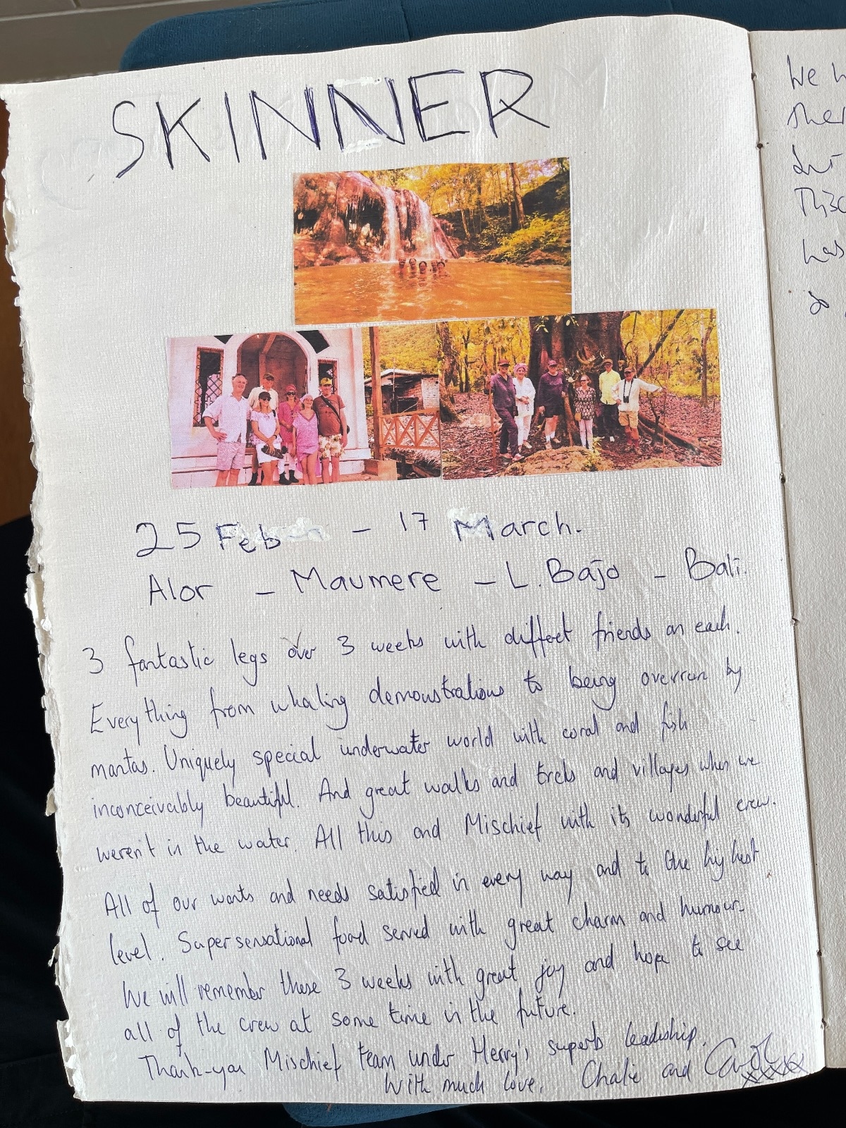 Handwritten guest review from Mischief Voyage guestbook