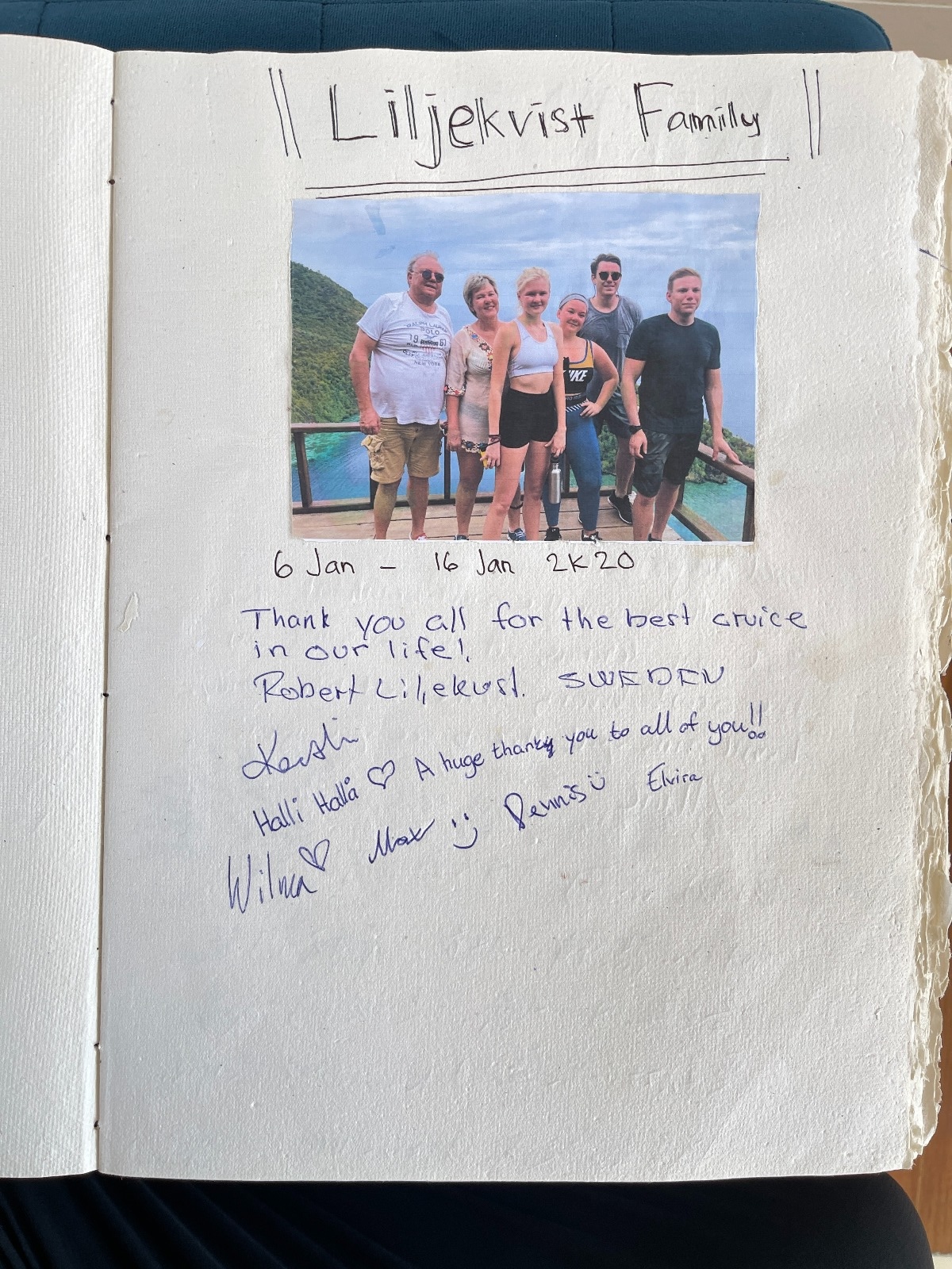 Handwritten guest review from Mischief Voyage guestbook