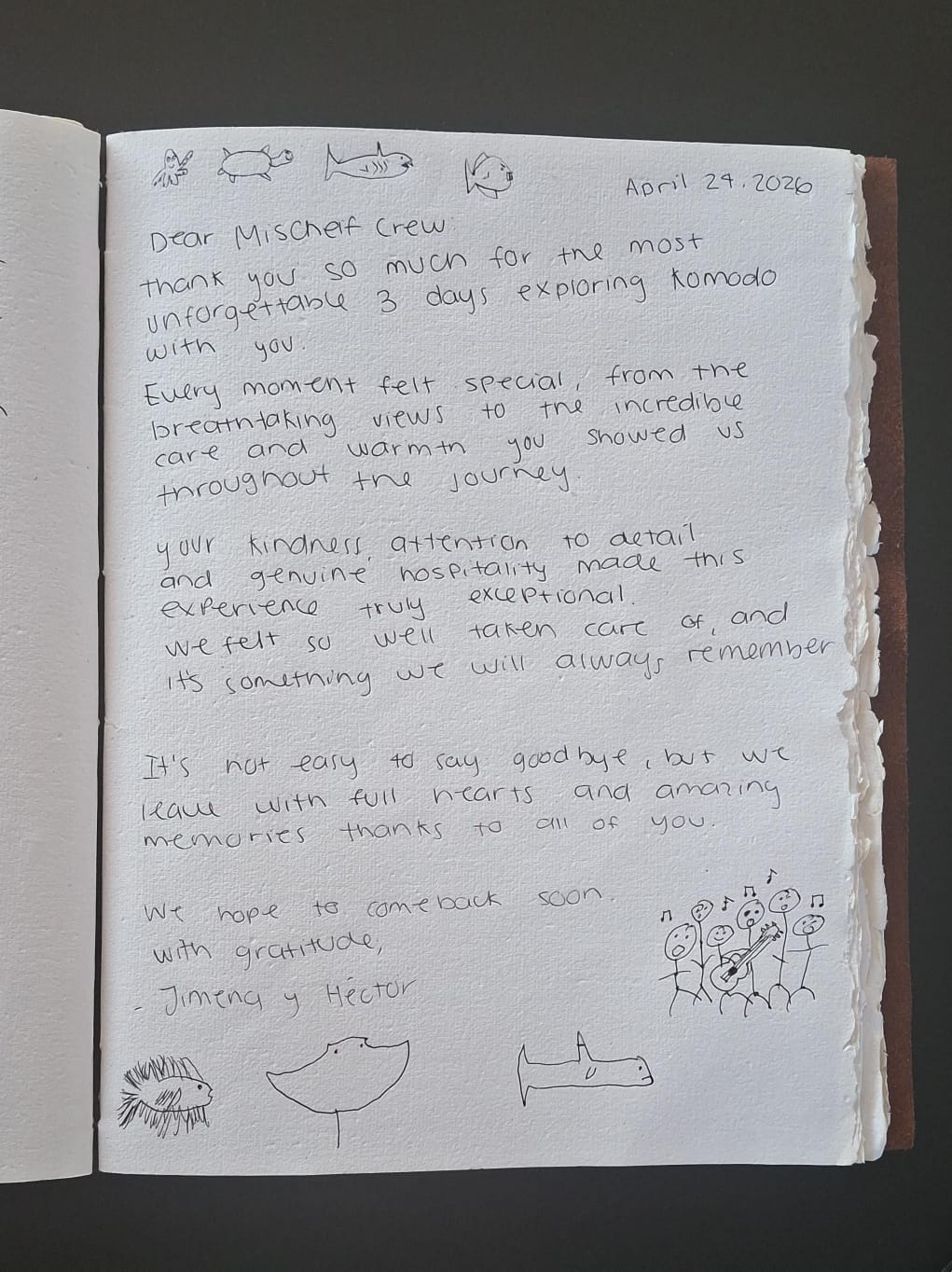 Handwritten guest review from Mischief Voyage guestbook