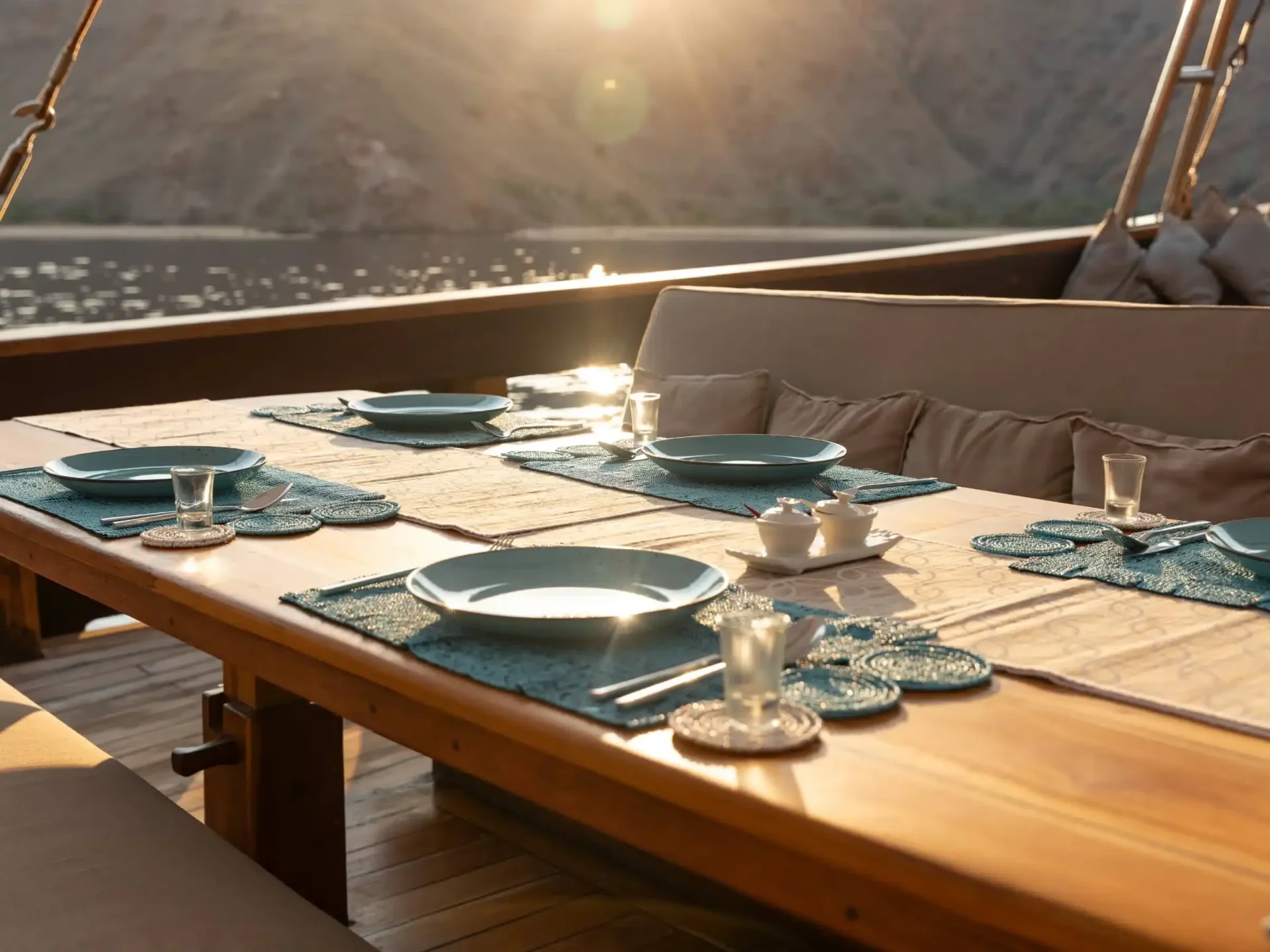 Alfresco table set at golden hour on Prana by Atzaró's main deck