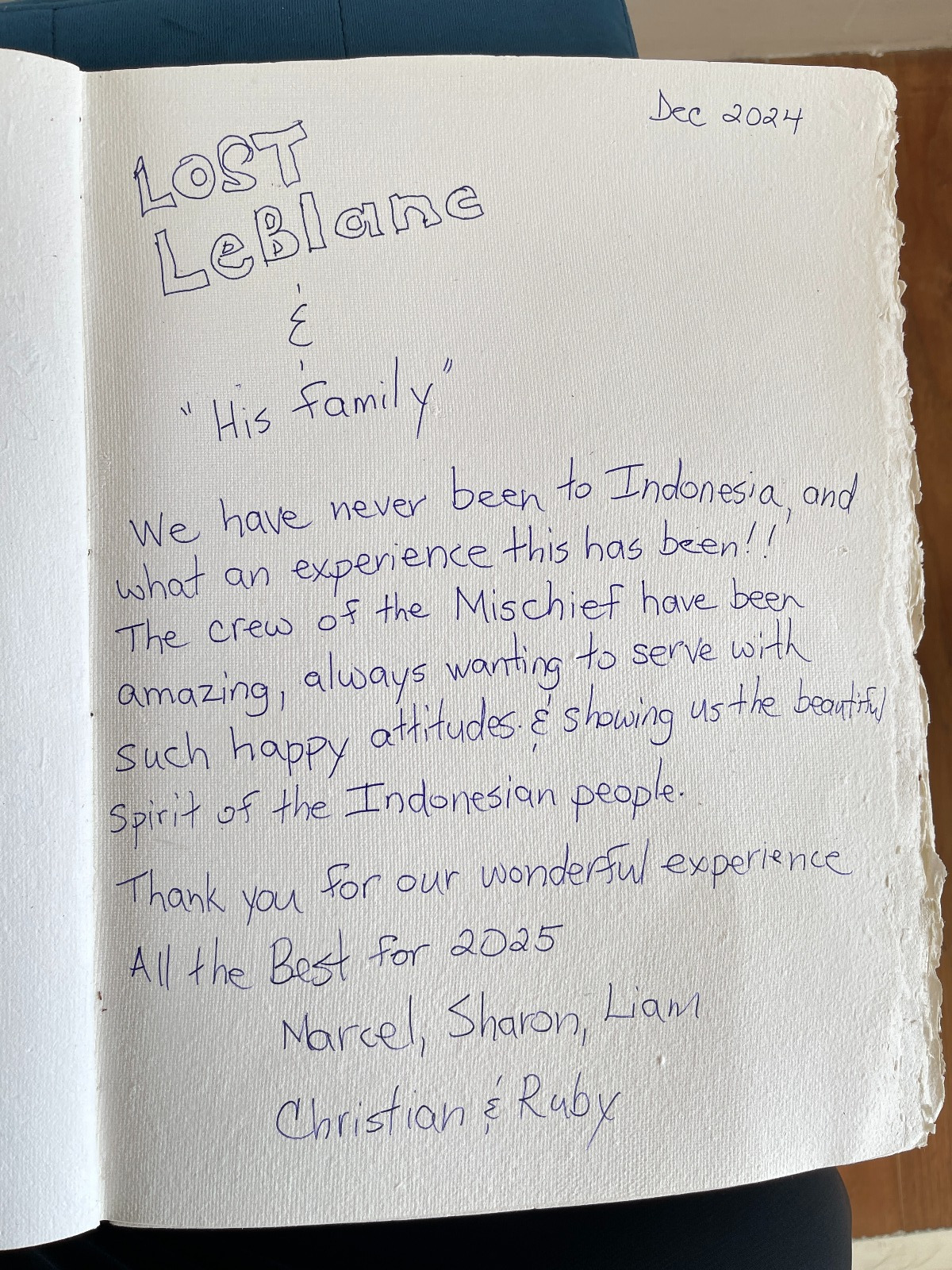 Handwritten guest review from Mischief Voyage guestbook