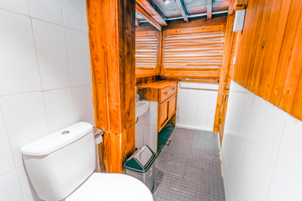Second ensuite bathroom on Adishree with tiled walls, wooden cabinetry and slatted window