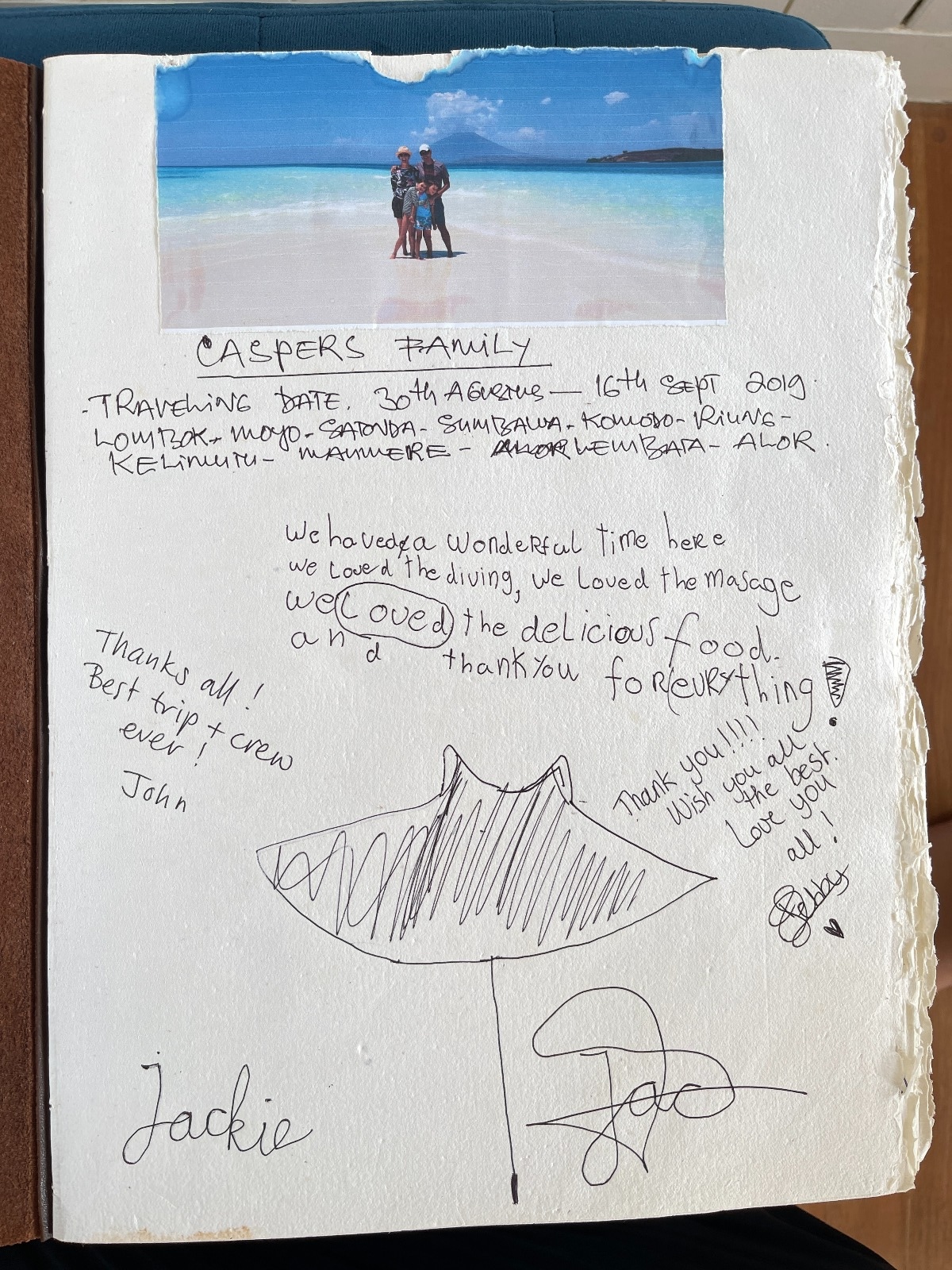 Handwritten guest review from Mischief Voyage guestbook