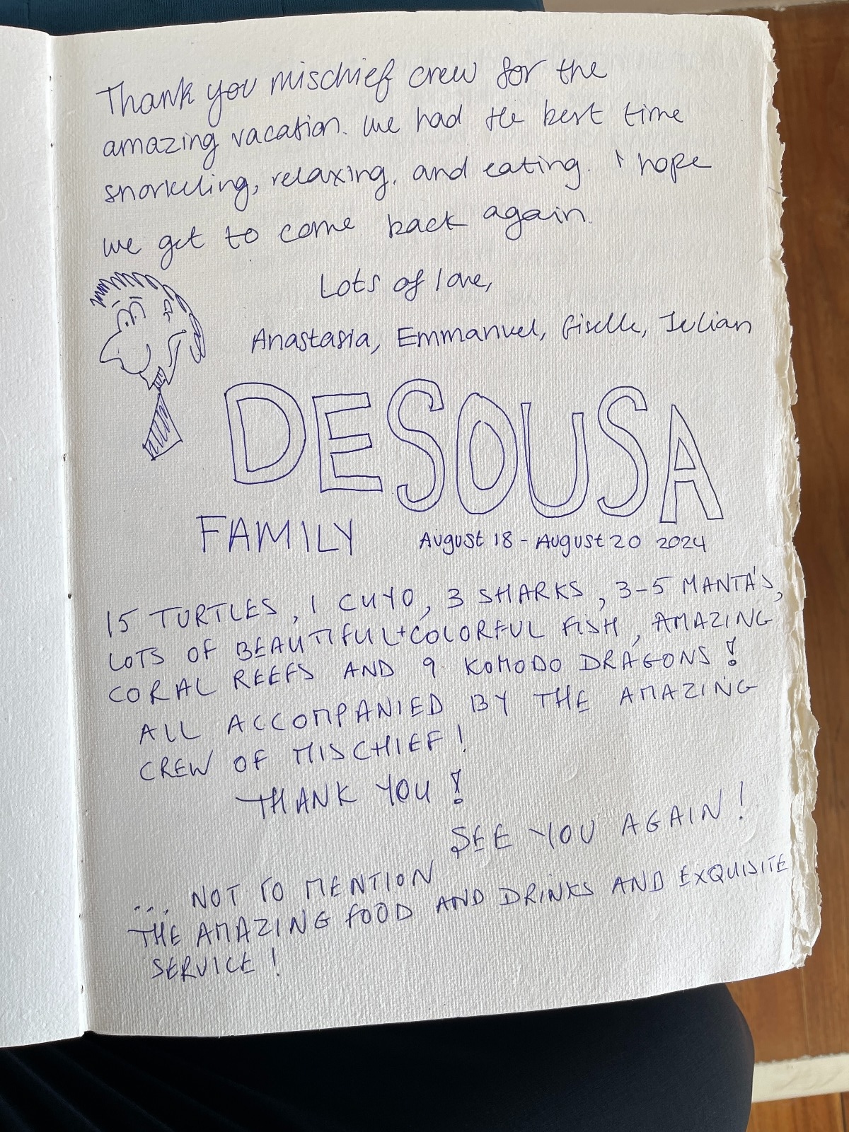 Handwritten guest review from Mischief Voyage guestbook