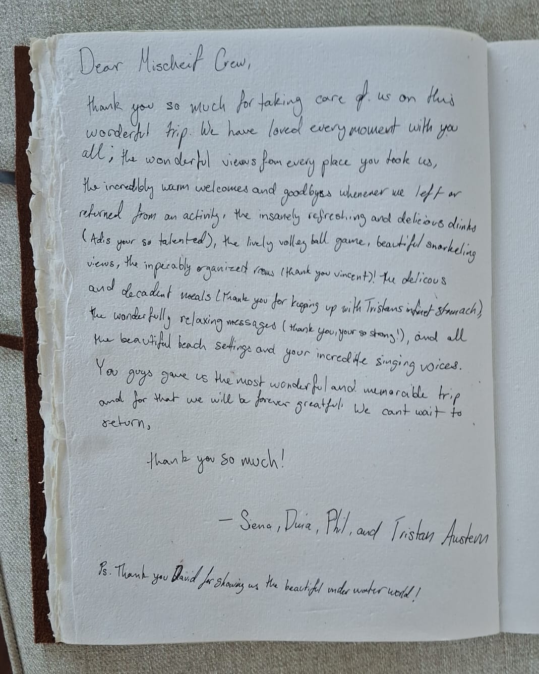 Handwritten guest review from Mischief Voyage guestbook
