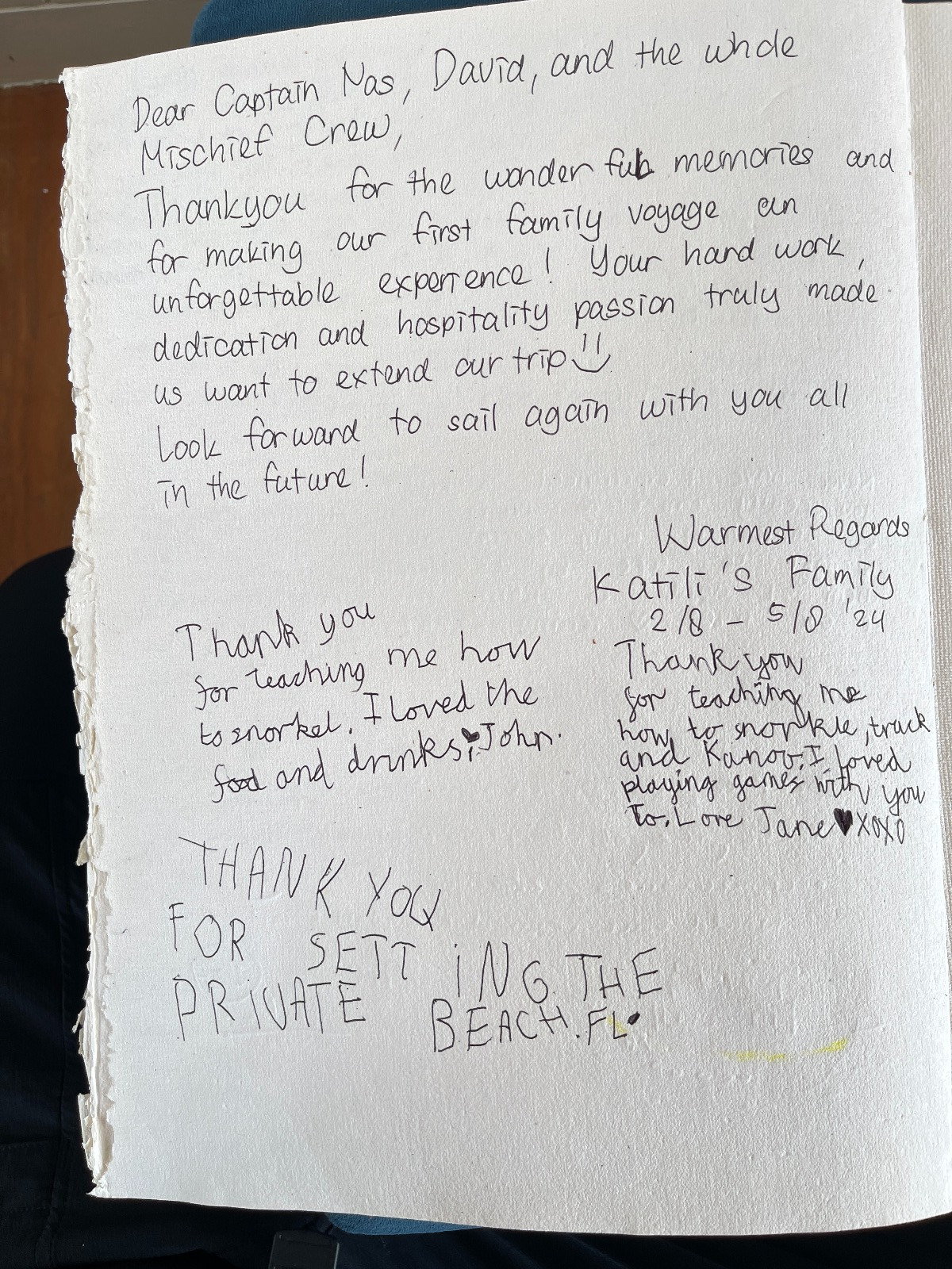 Handwritten guest review from Mischief Voyage guestbook