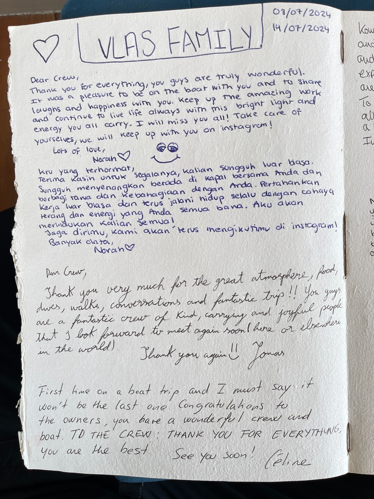 Handwritten guest review from Mischief Voyage guestbook