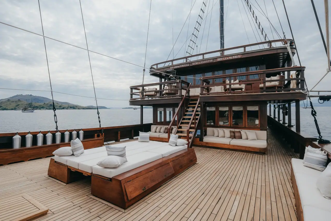 Celestia aft deck daybeds and full dive tank rack ready for the day's diving