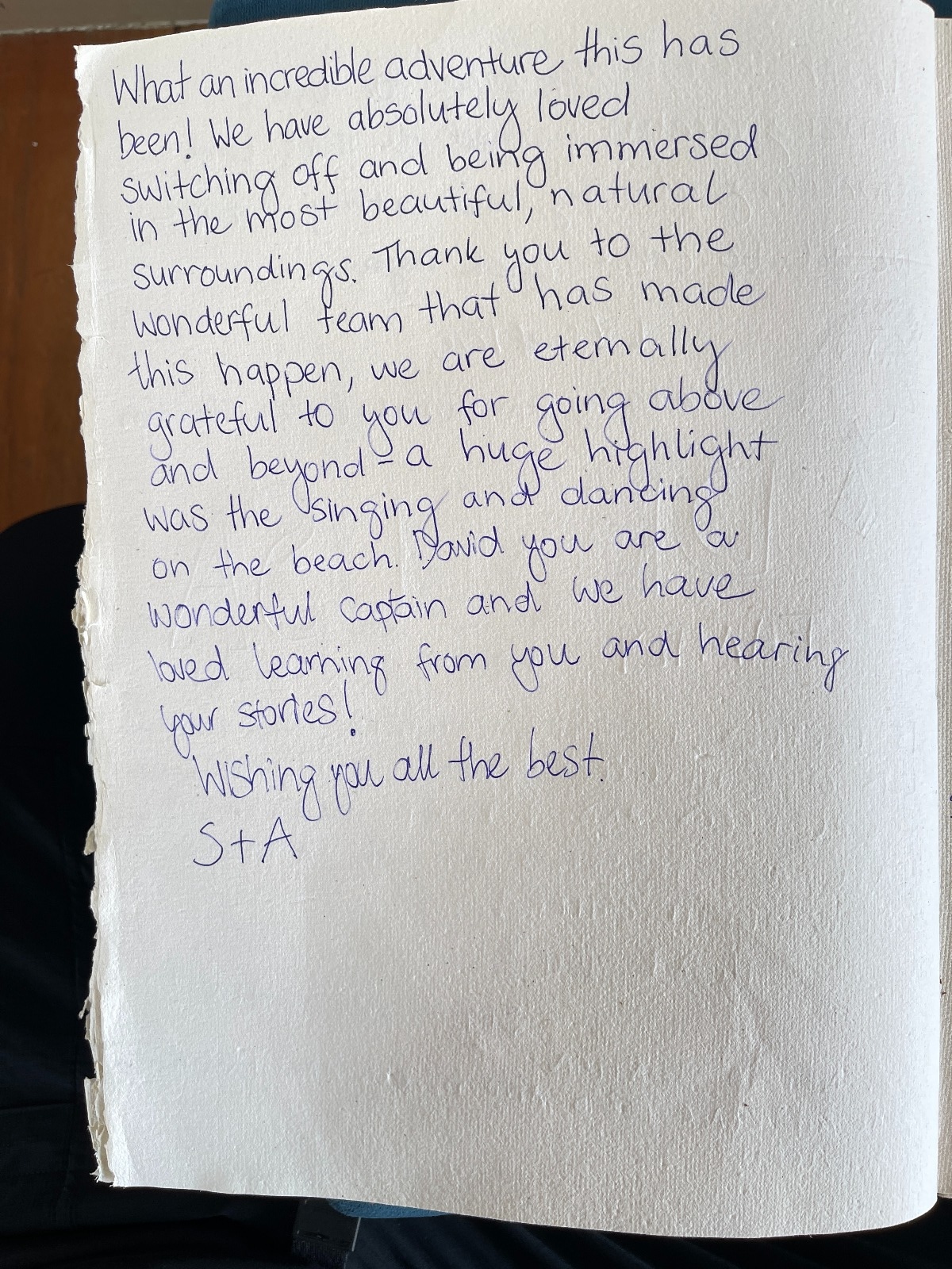Handwritten guest review from Mischief Voyage guestbook