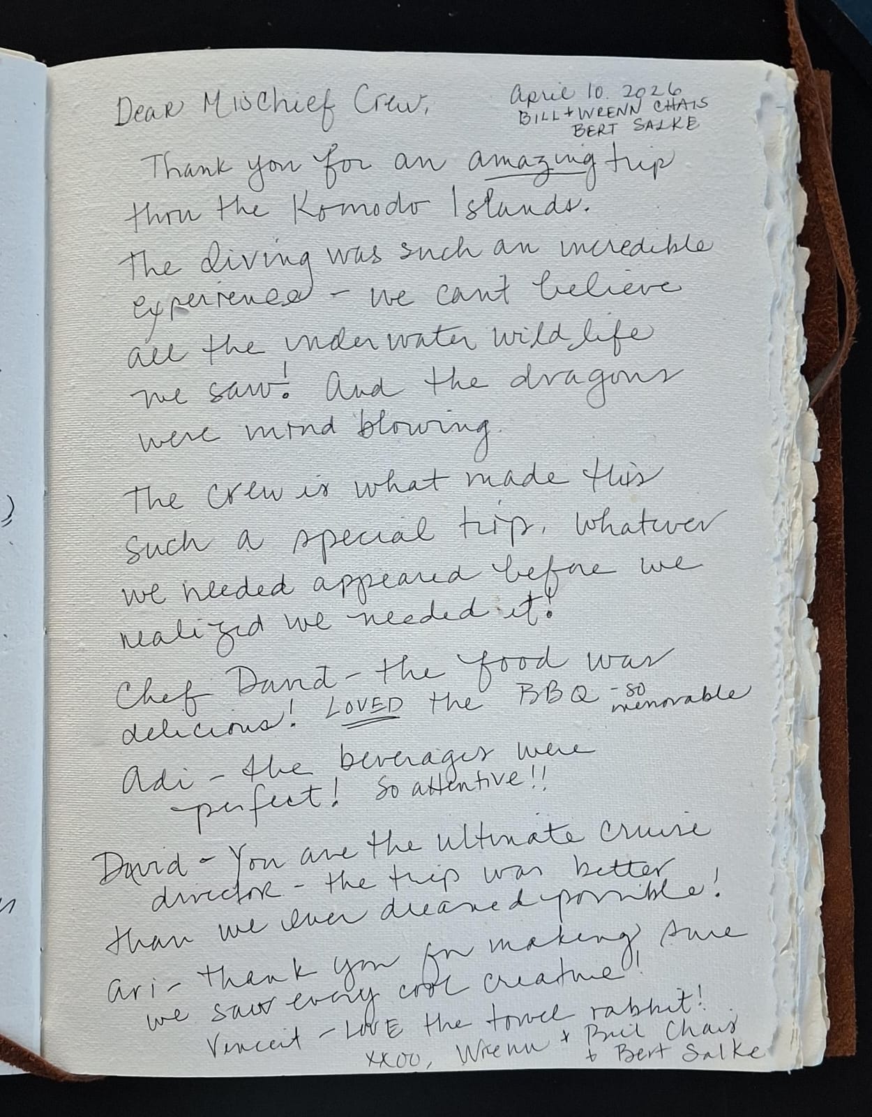 Handwritten guest review from Mischief Voyage guestbook