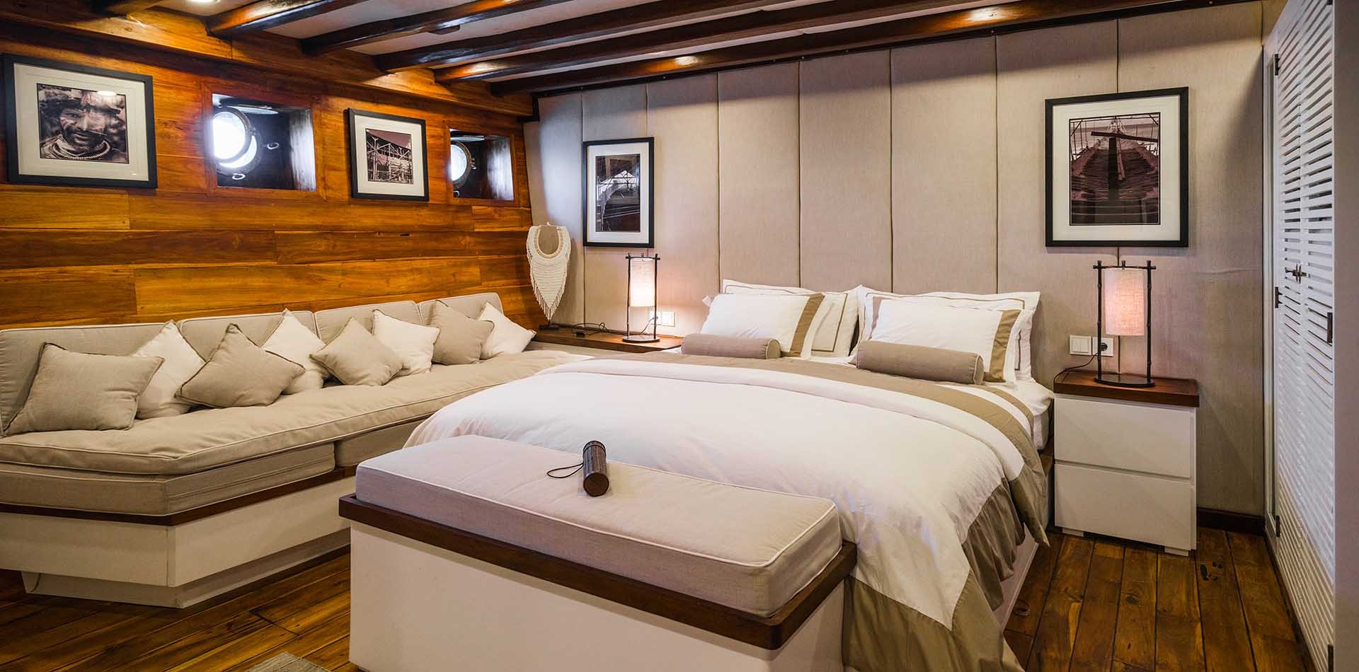 Prana by Atzaró guest cabin with king bed, tribal art and reading nook