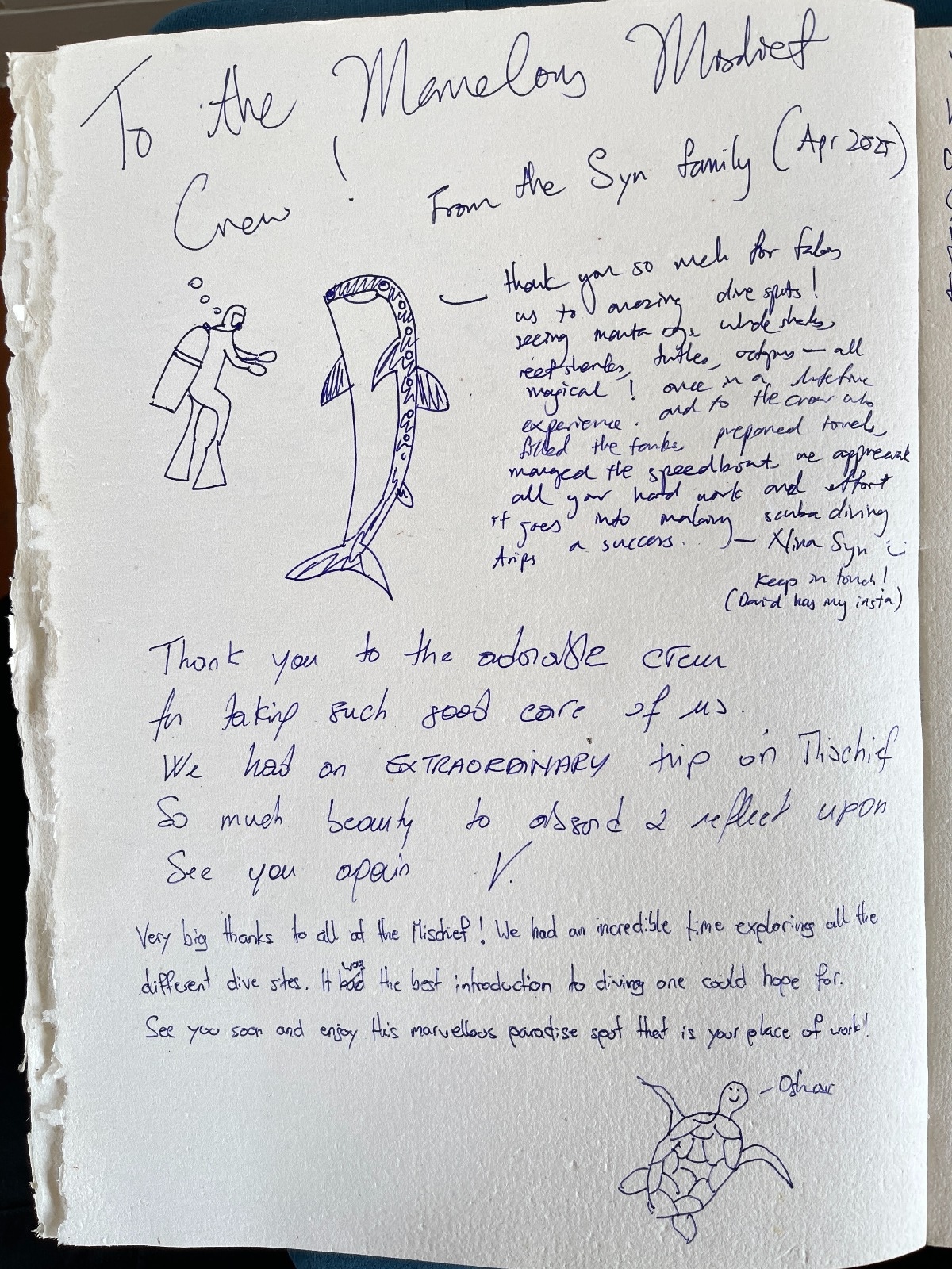 Handwritten guest review from Mischief Voyage guestbook