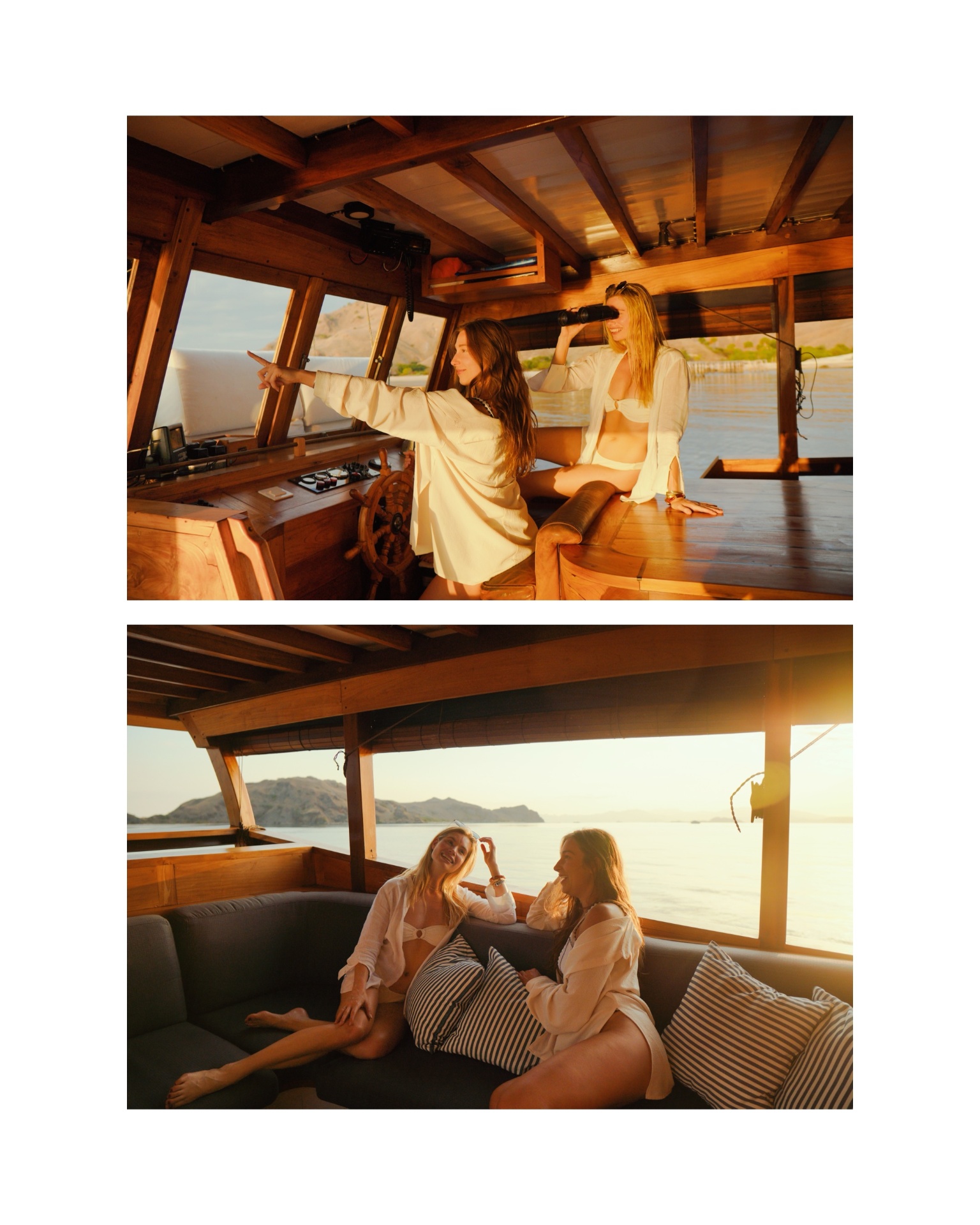 Guests in Samara II's wooden wheelhouse at golden hour, one with binoculars scanning the coastline
