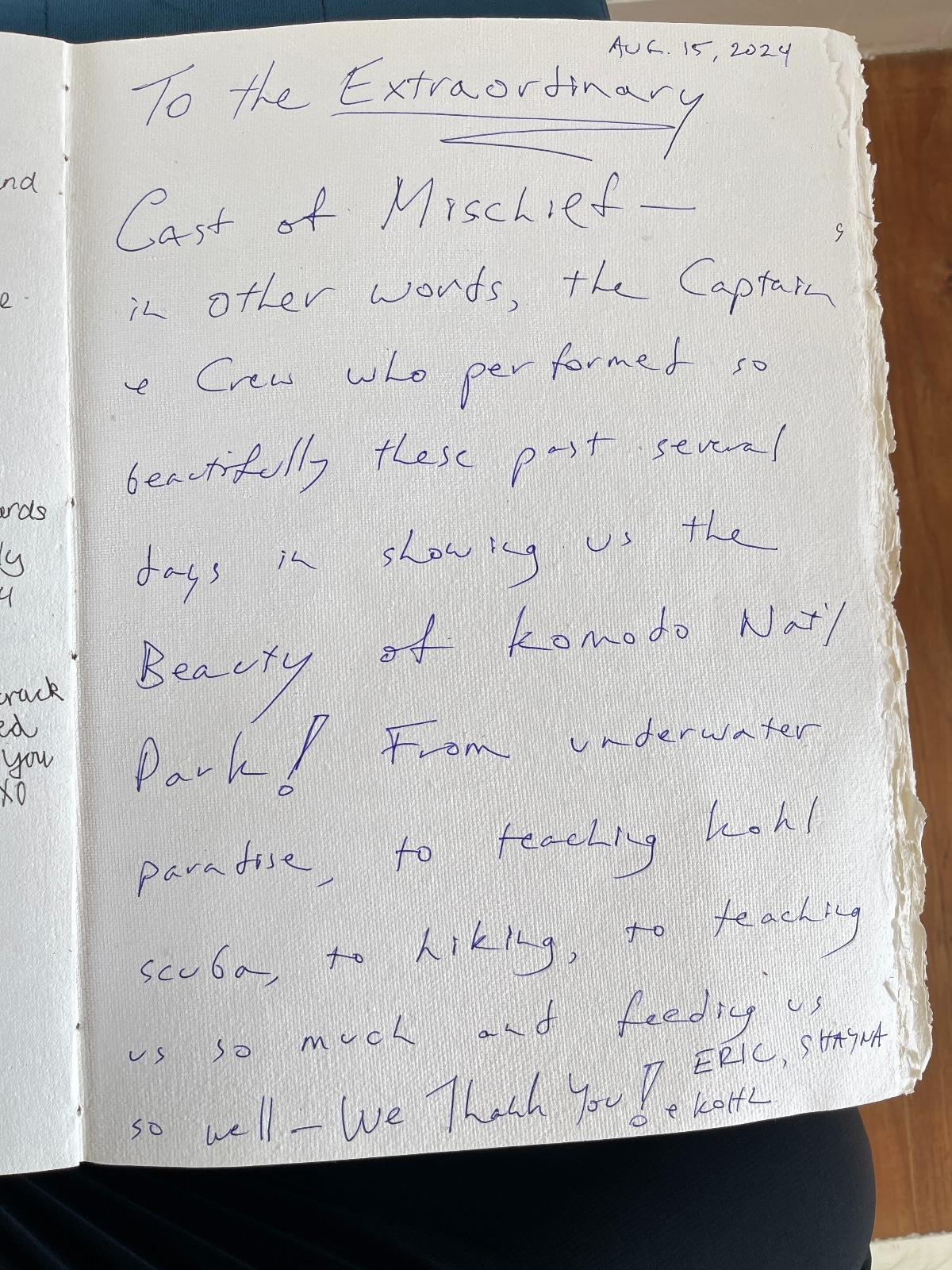 Handwritten guest review from Mischief Voyage guestbook