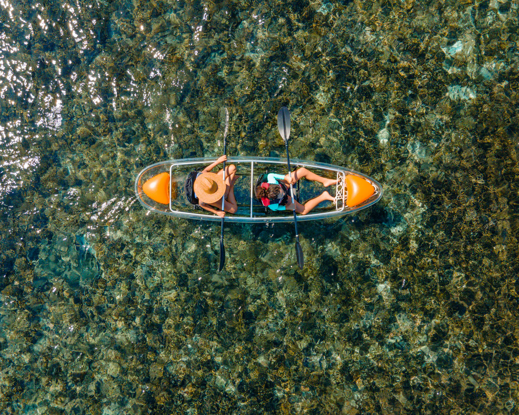 Clear-hull kayak over coral reef seen from above — Celestia charter