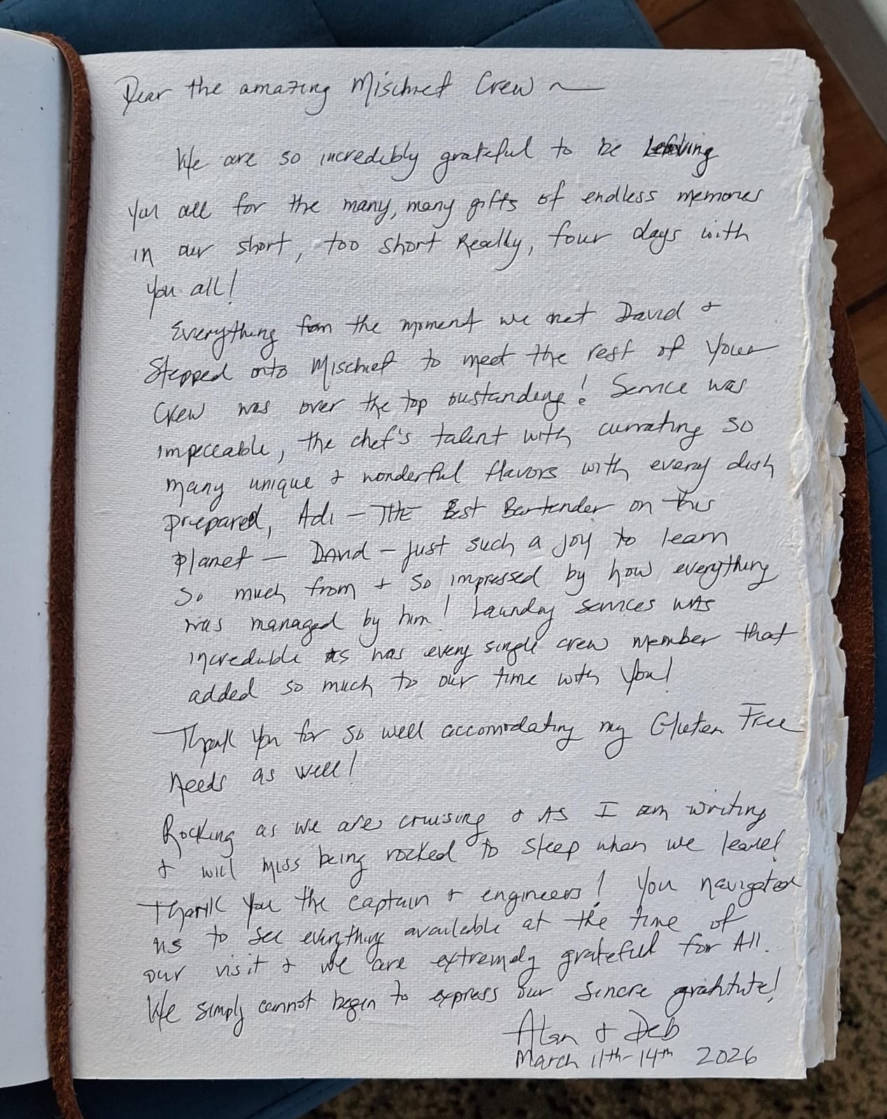 Handwritten guest review from Mischief Voyage guestbook