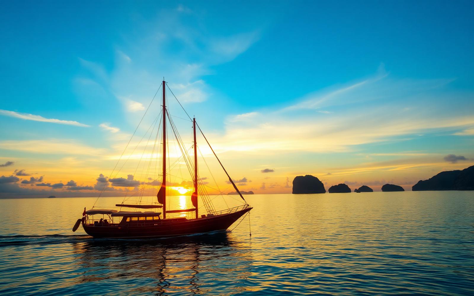 Phinisi yacht at sunset in Raja Ampat